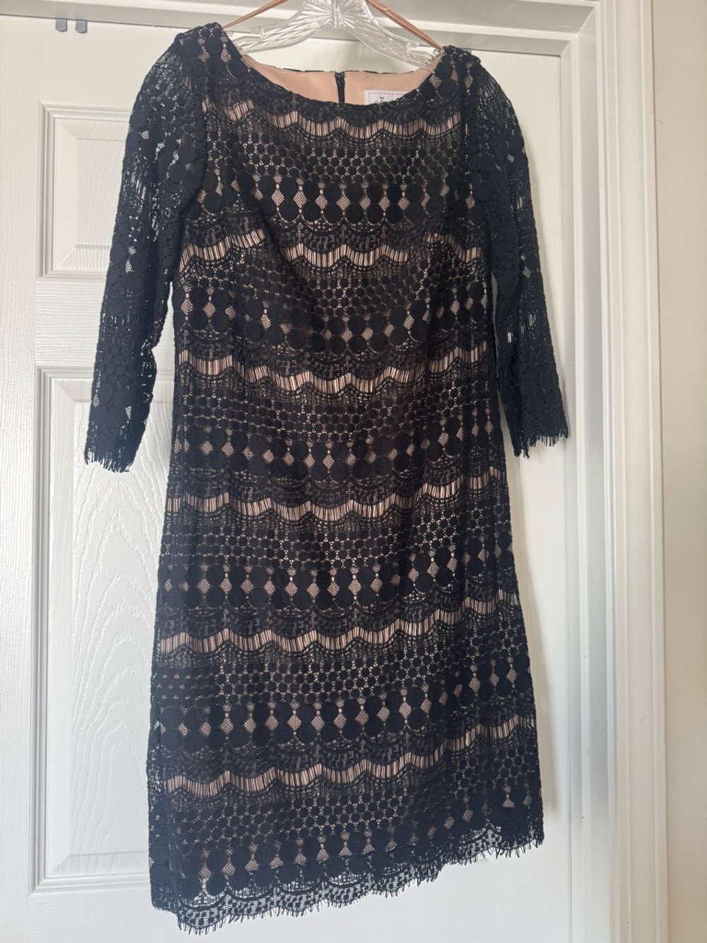Black Lace Overlay Sheath Dress - Nude Lining